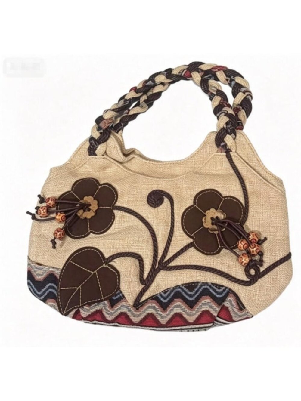 Boho Ethnic Linen Shoulder Bag Women Floral Applique Beaded Handbag